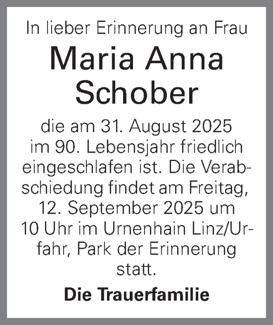 Traueranzeige von Maria Anna Schober von OÖNachrichten