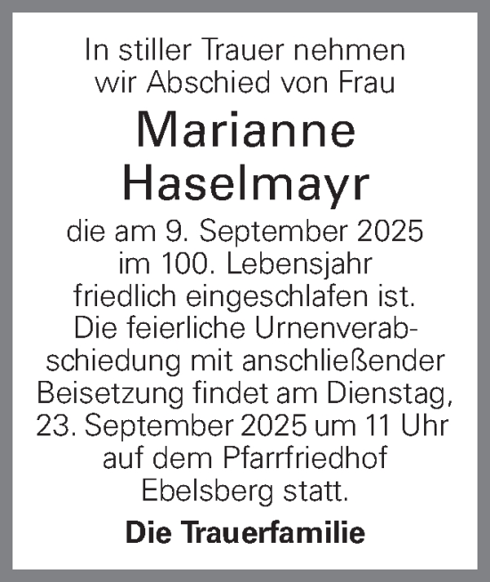 Traueranzeige von Marianne Haselmayr von OÖNachrichten