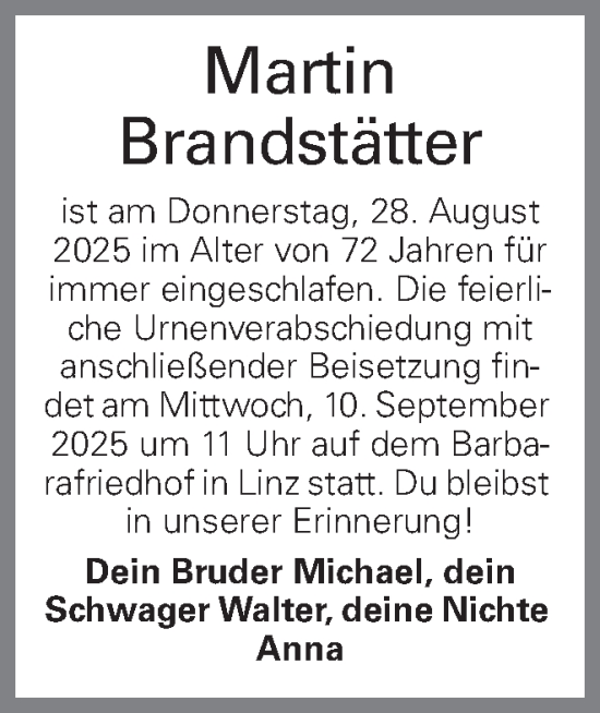 Traueranzeige von Martin Brandstätter von OÖNachrichten