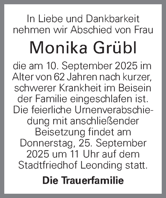 Traueranzeige von Monika Grübl von OÖNachrichten