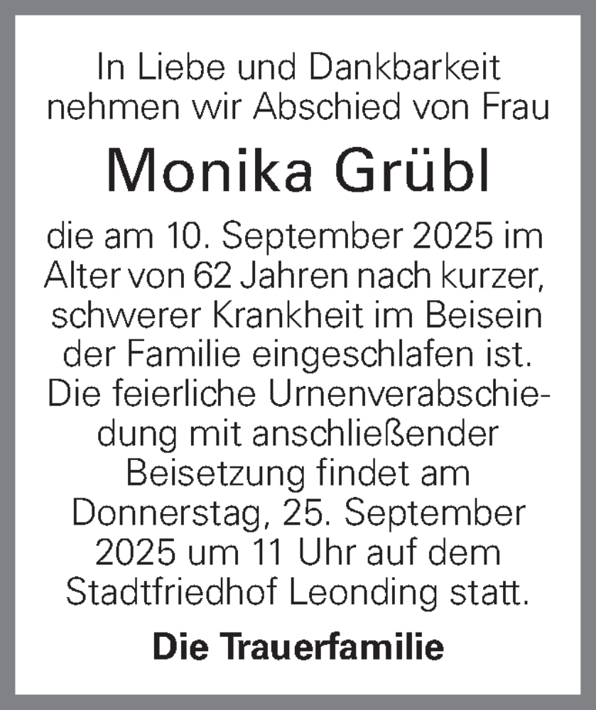  Traueranzeige für Monika Grübl vom 18.09.2025 aus OÖNachrichten