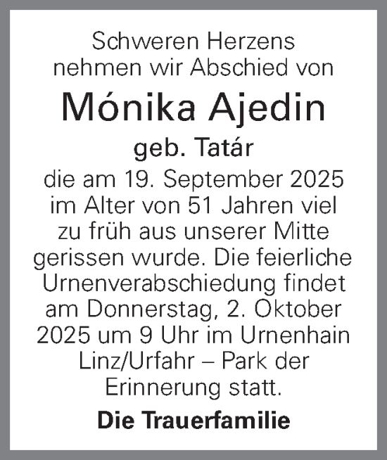 Traueranzeige von Mónika Ajedin von OÖNachrichten