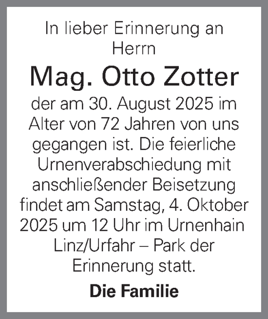 Traueranzeige von Otto Zotter von OÖNachrichten