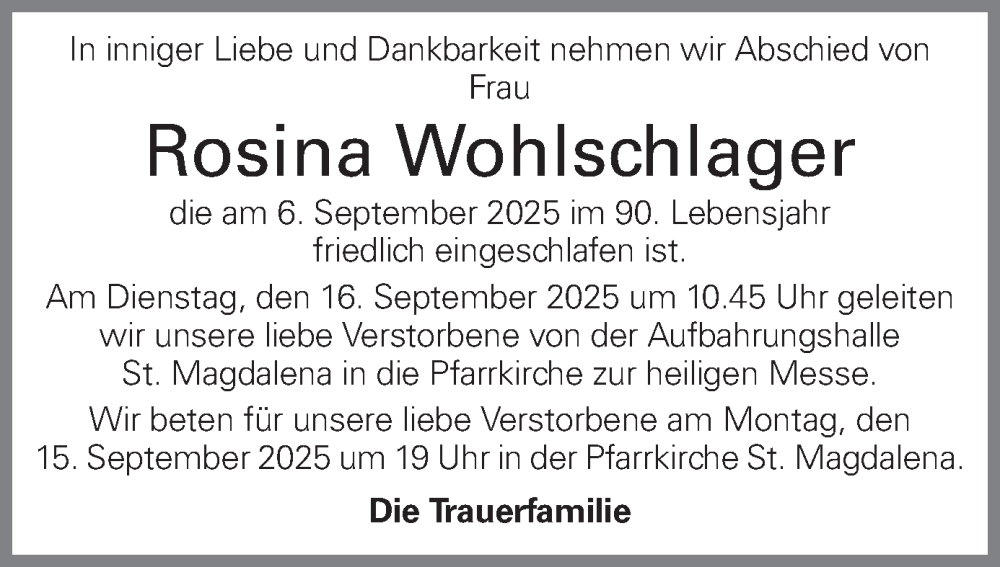  Traueranzeige für Rosina Wohlschlager vom 12.09.2025 aus OÖNachrichten
