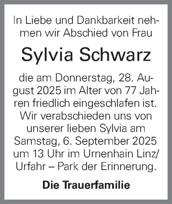 Traueranzeige von Sylvia Schwarz von OÖNachrichten
