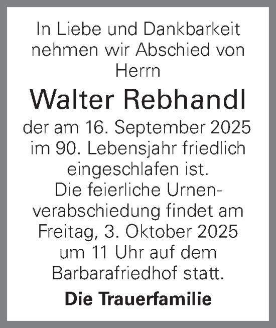 Traueranzeige von Walter Rebhandl von OÖNachrichten