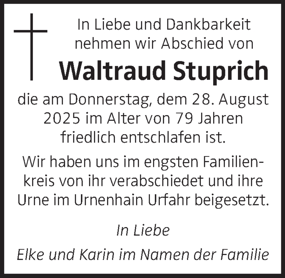  Traueranzeige für Waltraud Stuprich vom 11.09.2025 aus OÖNachrichten