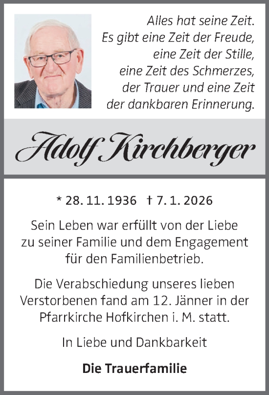 Traueranzeige von Adolf Kirchberger von OÖNachrichten