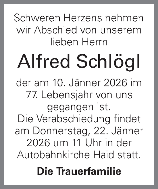 Traueranzeige von Alfred Schlögl von OÖNachrichten