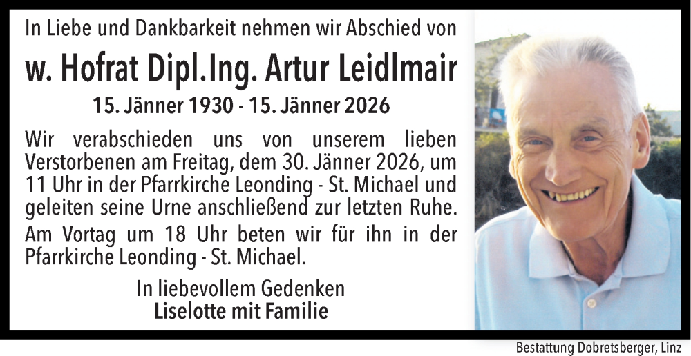  Traueranzeige für Artur Leidlmair vom 24.01.2026 aus OÖNachrichten