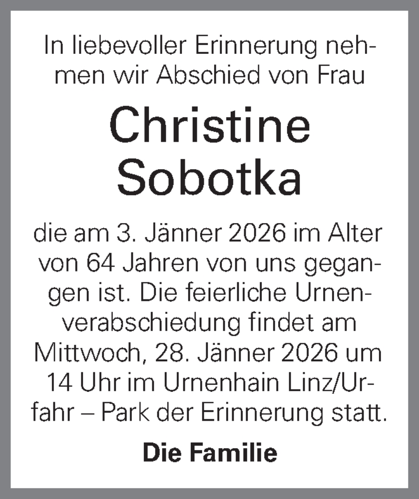  Traueranzeige für Christine Sobotka vom 17.01.2026 aus OÖNachrichten