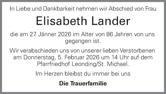 Traueranzeige von Elisabeth Lander von OÖNachrichten