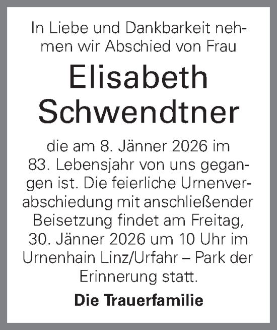 Traueranzeige von Elisabeth Schwendtner von OÖNachrichten