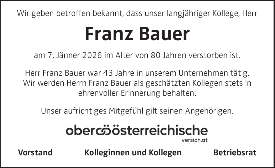 Traueranzeige von Franz Bauer von OÖNachrichten