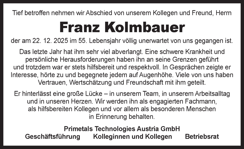  Traueranzeige für Franz Kolmbauer vom 10.01.2026 aus OÖNachrichten