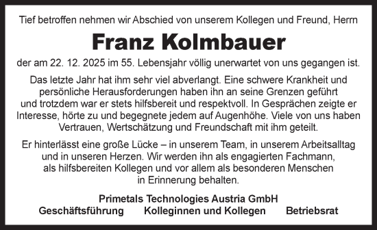 Traueranzeige von Franz Kolmbauer von OÖNachrichten