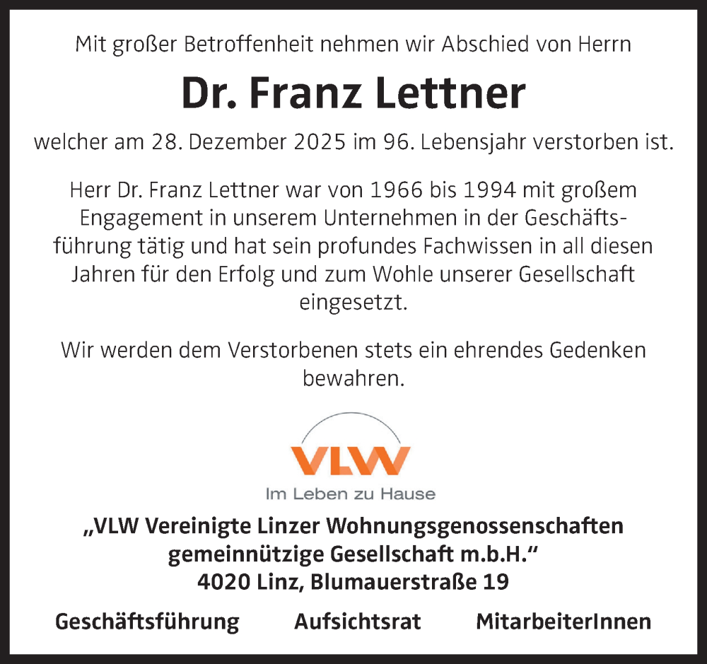  Traueranzeige für Franz Lettner vom 10.01.2026 aus OÖNachrichten