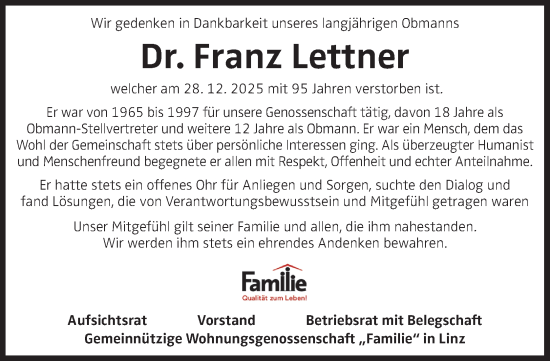 Traueranzeige von Franz Lettner von OÖNachrichten