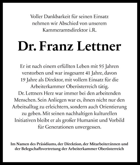 Traueranzeige von Franz Lettner von OÖNachrichten