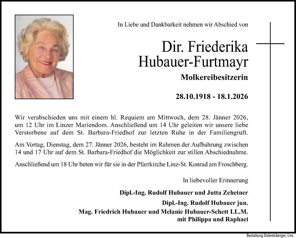  Traueranzeige für Friederika Hubauer-Furtmayr vom 24.01.2026 aus OÖNachrichten