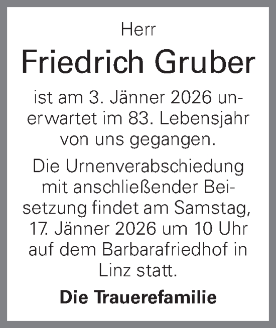 Traueranzeige von Friedrich Gruber von OÖNachrichten