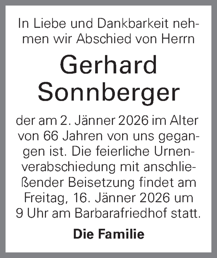  Traueranzeige für Gerhard Sonnberger vom 14.01.2026 aus OÖNachrichten