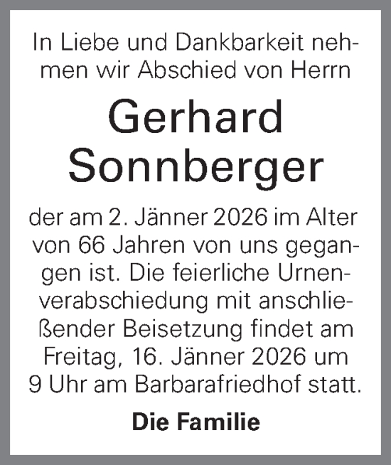 Traueranzeige von Gerhard Sonnberger von OÖNachrichten
