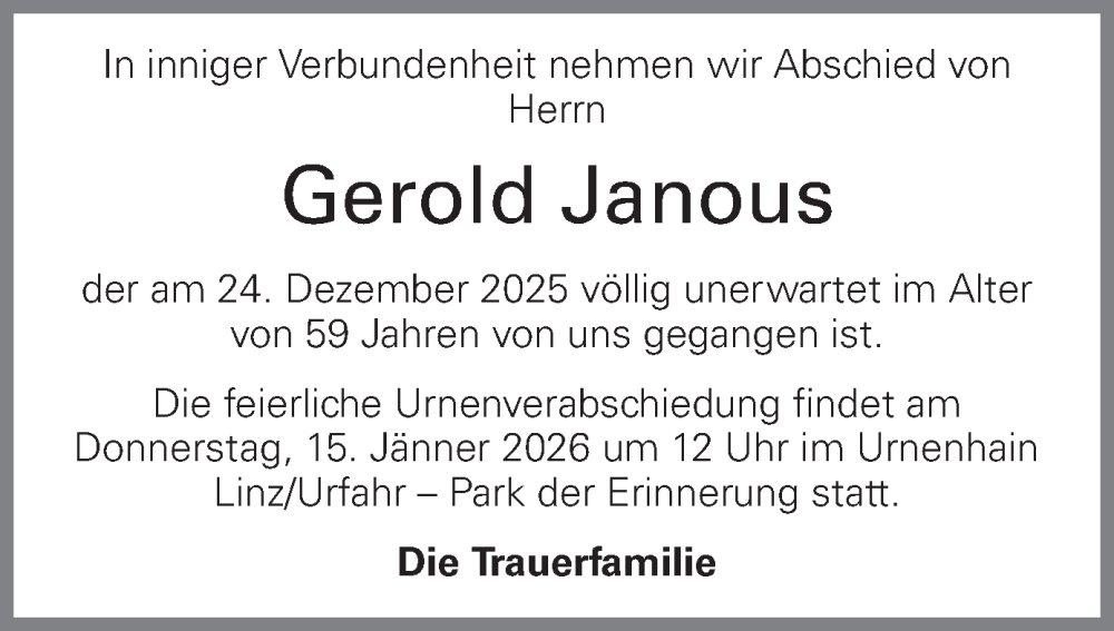  Traueranzeige für Gerold Janous vom 09.01.2026 aus OÖNachrichten