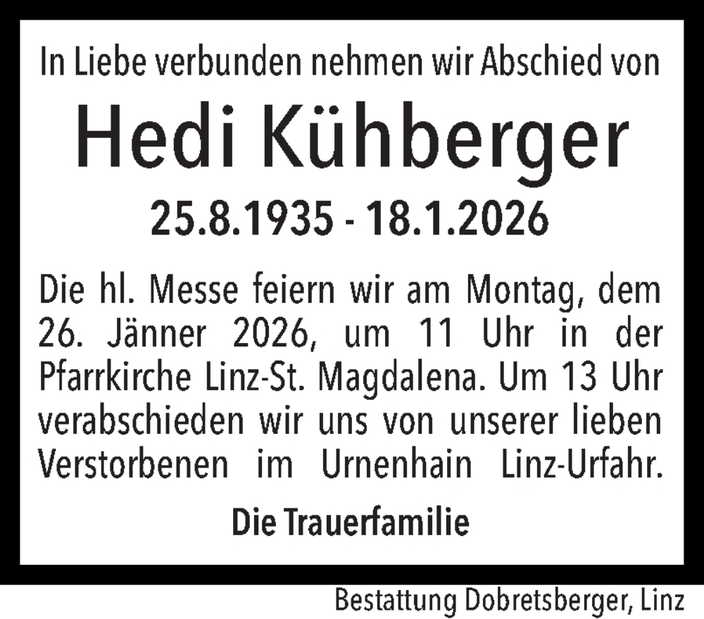  Traueranzeige für Hedi Kühberger vom 24.01.2026 aus OÖNachrichten