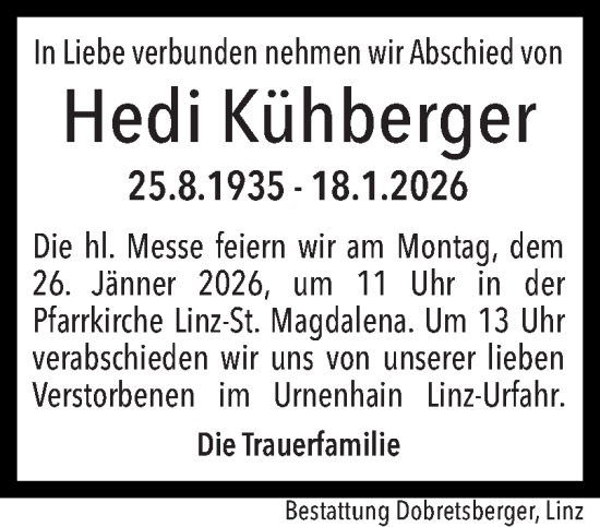 Traueranzeige von Hedi Kühberger von OÖNachrichten