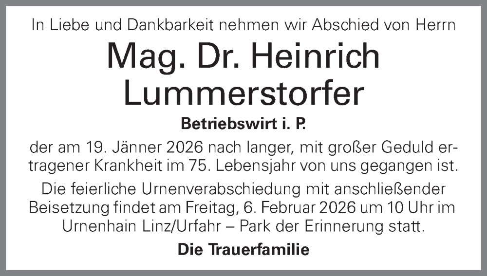  Traueranzeige für Heinrich Lummerstorfer vom 31.01.2026 aus OÖNachrichten