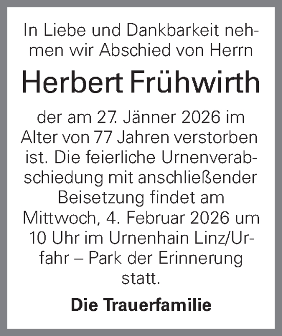 Traueranzeige von Herbert Frühwirth von OÖNachrichten