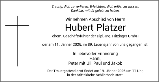Traueranzeige von Hubert Platzer von OÖNachrichten