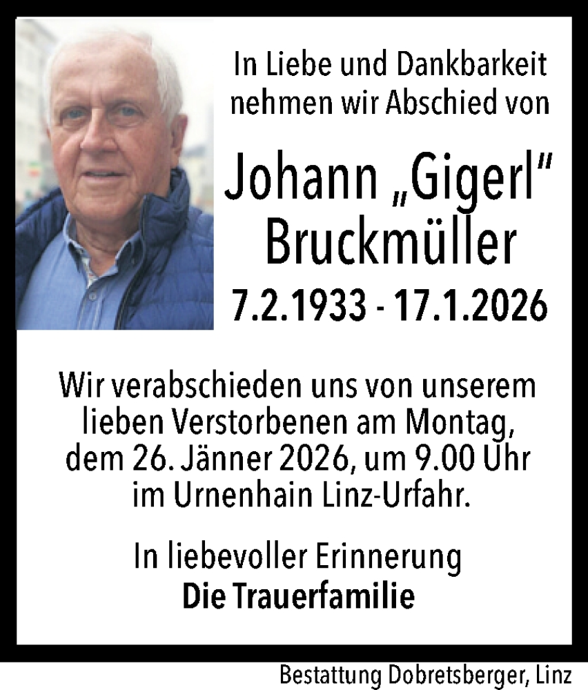  Traueranzeige für Johann Bruckmüller vom 24.01.2026 aus OÖNachrichten
