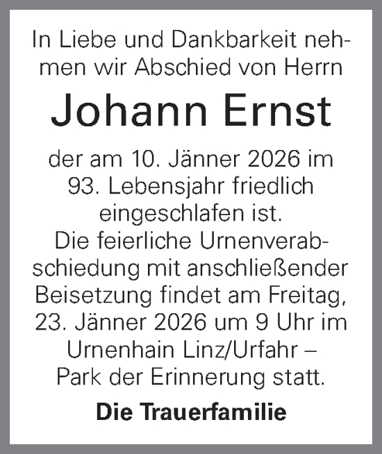 Traueranzeige von Johann Ernst von OÖNachrichten
