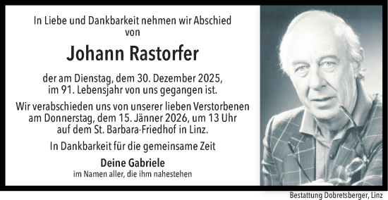 Traueranzeige von Johann Rastorfer von OÖNachrichten