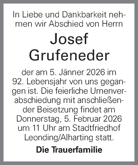 Traueranzeige von Josef Grufeneder von OÖNachrichten