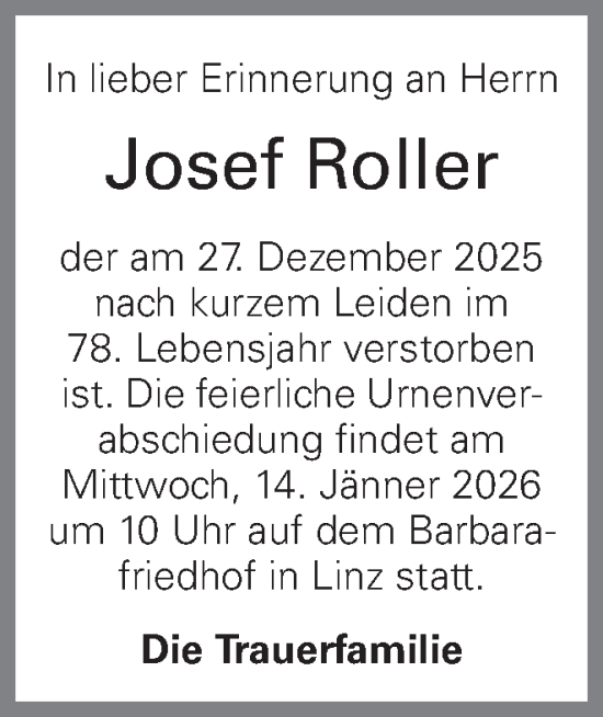 Traueranzeige von Josef Roller von OÖNachrichten
