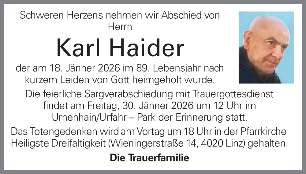  Traueranzeige für Karl Haider vom 27.01.2026 aus OÖNachrichten