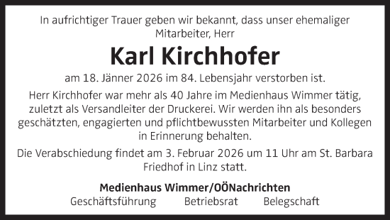 Traueranzeige von Karl Kirchhofer von OÖNachrichten