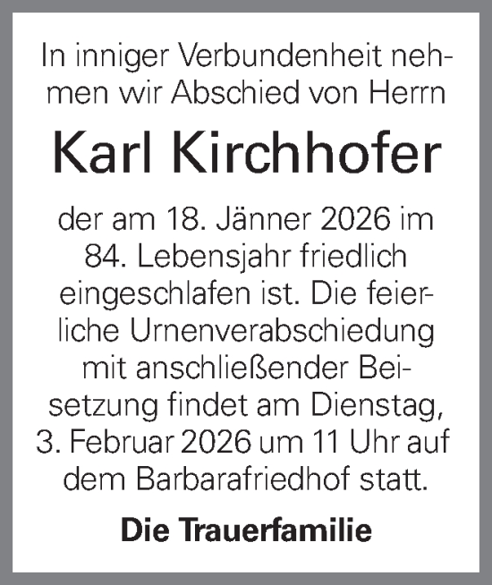 Traueranzeige von Karl Kirchhofer von OÖNachrichten