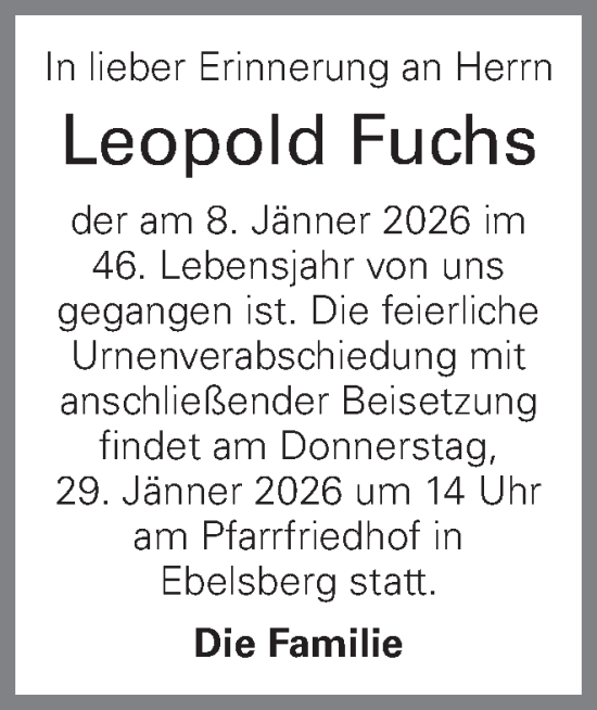 Traueranzeige von Leopold Fuchs von OÖNachrichten