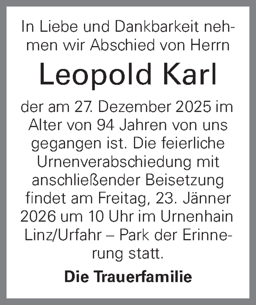  Traueranzeige für Leopold Karl vom 17.01.2026 aus OÖNachrichten