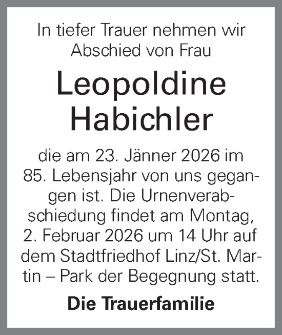 Traueranzeige von Leopoldine Habichler von OÖNachrichten