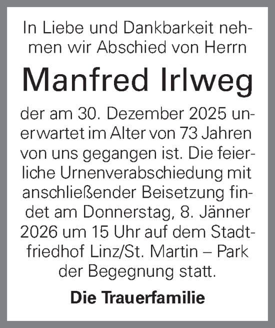 Traueranzeige von Manfred Irlweg von OÖNachrichten