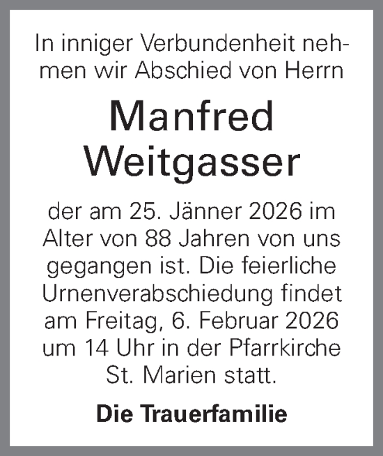 Traueranzeige von Manfred Weitgasser von OÖNachrichten