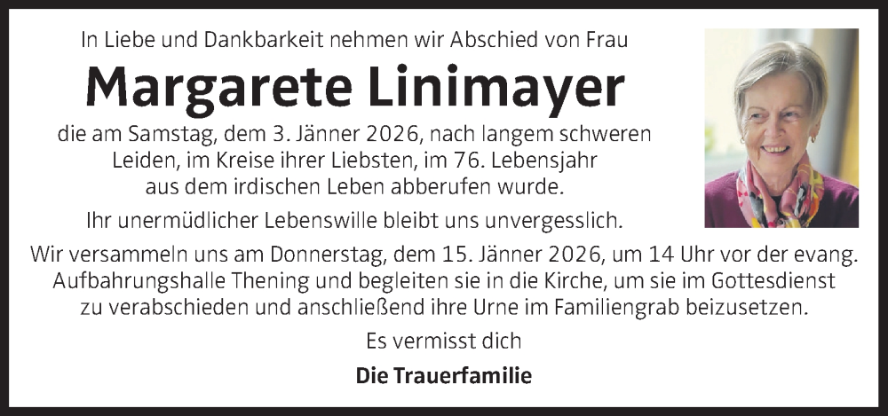  Traueranzeige für Margarete Linimayer vom 10.01.2026 aus OÖNachrichten