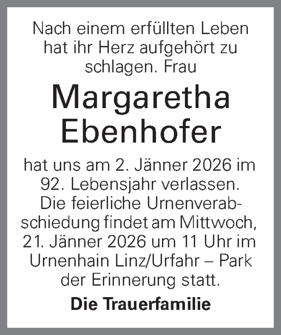 Traueranzeige von Margaretha Ebenhofer von OÖNachrichten