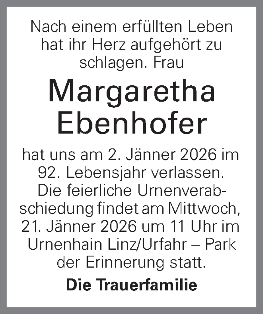  Traueranzeige für Margaretha Ebenhofer vom 10.01.2026 aus OÖNachrichten