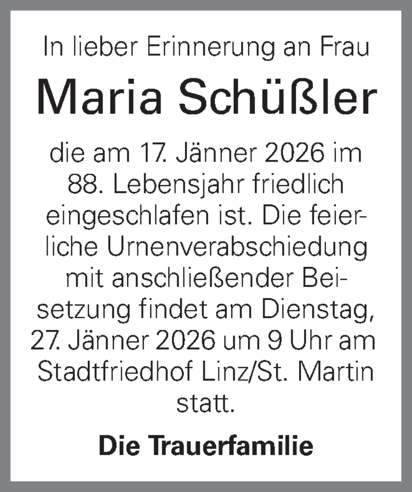  Traueranzeige für Maria Schüßler vom 21.01.2026 aus OÖNachrichten